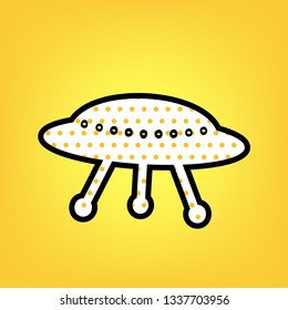 UFO simple sign. Vector. Yellow polka dot white icon with black contour at warm yellow background.