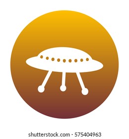 UFO simple sign. White icon in circle with golden gradient as background. Isolated.
