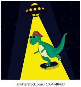 Ufo and skater dinosaur vector illustration.Funny print design for kids.