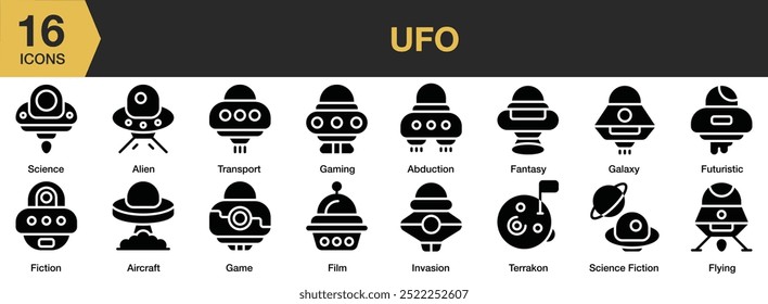 Ufo solid icon set. Includes abduction, aircraft, alien, fantasy, fiction, film, and More. Solid icons vector collection.