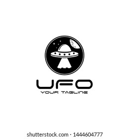 UFO space alien galaxy logo design featuring a flying saucer, extraterrestrial elements, and starry space background. Ideal for sci-fi brands, game studios, space-themed merch, and entertainment logos