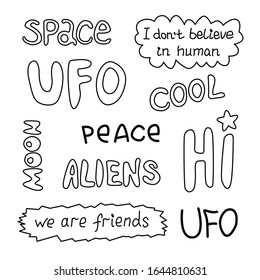 UFO, space, aliens, cool - handwritten calligraphy vector illustration. Black lettering, design element icon