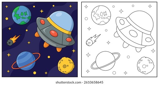 Ufo in space. Black and white vector illustration for coloring book.