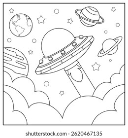 Ufo in space. Black and white vector illustration for coloring book.