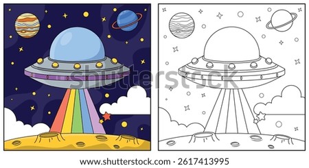 Ufo in space. Black and white vector illustration for coloring