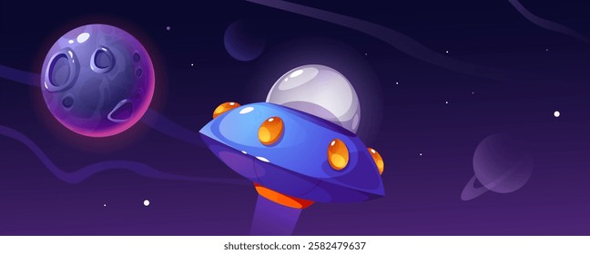 Ufo space cartoon vector illustration. Spaceship with moon, stars and other planets