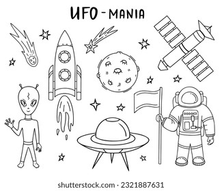 UFO, space elements, astronaut, alien, spaceship and rocket. Vector Illustration for printing, backgrounds and packaging. Image can be used for posters, stickers. Isolated on white background.