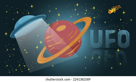 Ufo in space flies a planet, a flat illustration for the design