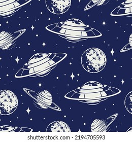 UFO space pattern seamless monochrome vintage flying saucers among planets and stars with aliens traveling through universe vector illustration