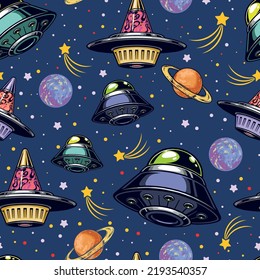 UFO space seamless pattern vintage colorful flying saucers near stars and planets Martians fantastic journey in universe vector illustration