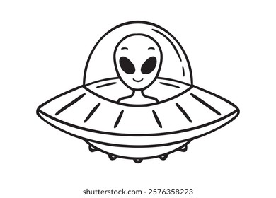 UFO space ship or alien space ship. Futuristic flying space ship doodle hand drawn icon. Outline drawing UFO space ship line clipart symbol. Vector illustration