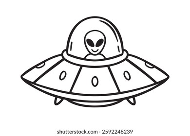 UFO space ship or alien space ship. Futuristic flying space ship doodle hand drawn icon. Outline drawing UFO space ship line clipart symbol. Vector illustration