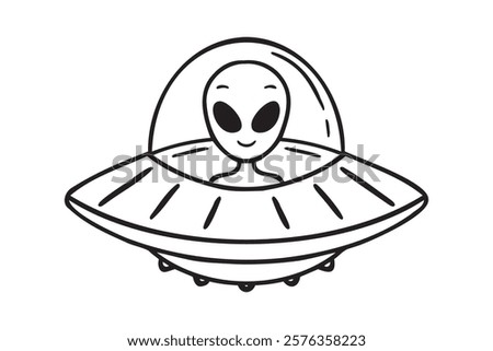 UFO space ship or alien space ship. Futuristic flying space ship doodle hand drawn icon. Outline drawing UFO space ship line clipart symbol. Vector illustration