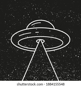 UFO Space ship aliens isolated on dark background - vector sketch poster. Futuristic unknown flying object - Dark Flat Design. Galactic Spacecraft visit on World UFO Day