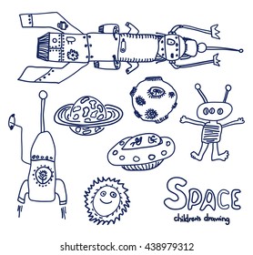 UFO and space sketch. Really children's drawing.