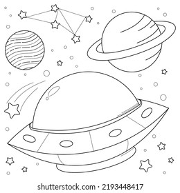 UFO in space suitable for children's coloring page vector illustration