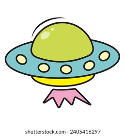 UFO space transport in cartoon style. World UFO Day, color vector illustration.