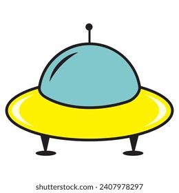 UFO space transport in cartoon style. World UFO Day, color vector illustration.