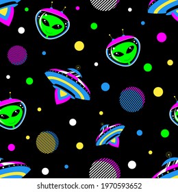 UFO spacecraft and alien on black background seamless pattern. Vector stock illustration. 