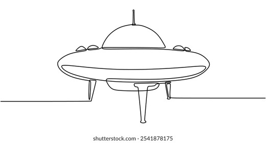 UFO spacecraft in continuous one line drawing. Minimalist space design representing unidentified flying objects.