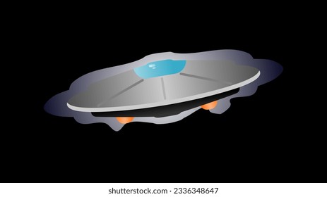 UFO spacecraft emerged from the wormhole, a unique silver 3D flat vector illustration with blue glass and orange lights. Editable graphic resource for multiple purposes.