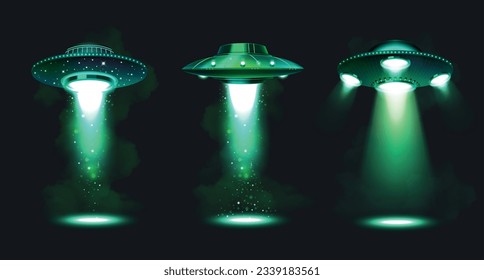 Ufo spacecraft icons set with flying saucers projecting green beams isolated vector illustration