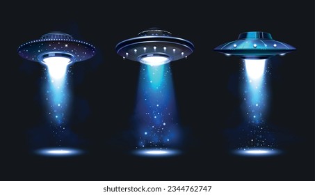 Ufo spacecraft icons set with flying saucers projecting blue beams isolated vector illustration