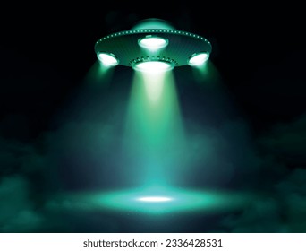 Ufo spacecraft poster with flying saucer projecting ray of light vector illustration