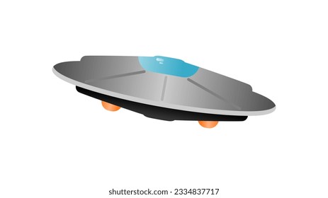 UFO spacecraft, a unique silver 3D flat vector illustration with blue glass and orange lights, isolated on white background. Editable graphic resource for multiple purposes.