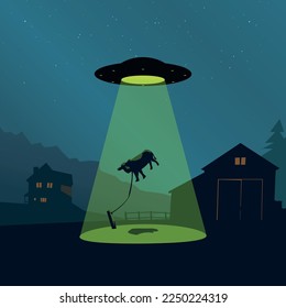 a ufo spaceship abducting cow from village