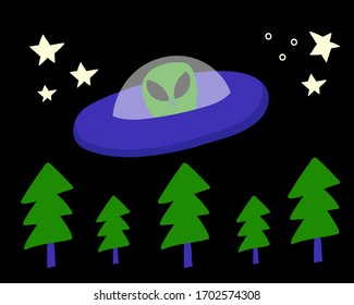 UFO in a spaceship above the forest.Hand drawn vector illustration.