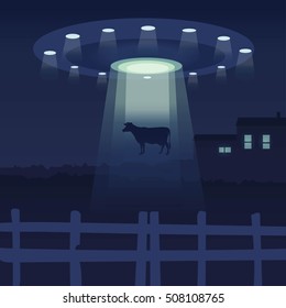UFO spaceship alien steals cow flat vector illustration