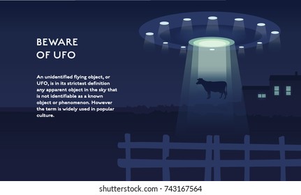 UFO spaceship alien steals cow concept vector flat poster design. Illustration with place for text