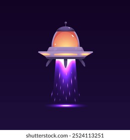 UFO. Spaceship with aliens isolated on a dark background. Flying saucer. Violet bright light scanning the surface. Extraterrestrial shuttle. Graphic design element. Cartoon style. Vector illustration.