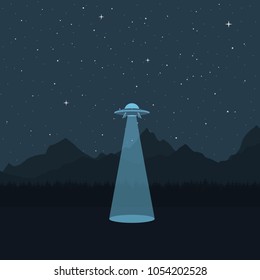 OVNI. Una nave espacial en el fondo de un paisaje montañoso, un oscuro cielo estrellado. Ilustración vectorial.