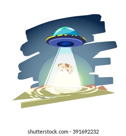 ufo spaceship with beam of light over the cow. Abduction - vector illustration