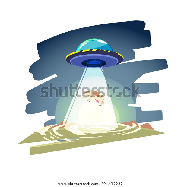 ufo spaceship with beam of light over the\
cow. Abduction - vector\
illustration