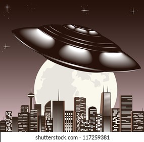 UFO spaceship and big night city