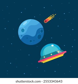 UFO spaceship with blue planet. UFO escape from blue planet. Meteor impact on blue planet. Vector illustration