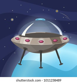 UFO spaceship, cartoon style, background space planet, isolated, vector, illustration