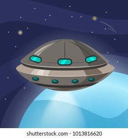 UFO spaceship, cartoon style, background space planet, isolated, vector, illustration