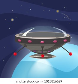 UFO spaceship, cartoon style, background space planet, isolated, vector, illustration