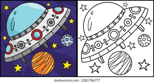 UFO Spaceship Coloring Page Colored Illustration