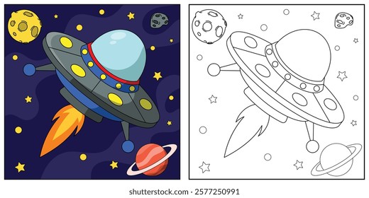 UFO Spaceship Coloring Page Colored Illustration