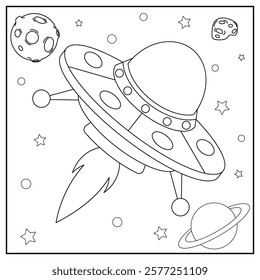 UFO Spaceship Coloring Page Colored Illustration