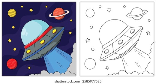 UFO Spaceship Coloring Page Colored Illustration