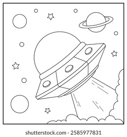 UFO Spaceship Coloring Page Colored Illustration