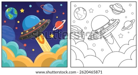 UFO Spaceship Coloring Page Colored Illustration.