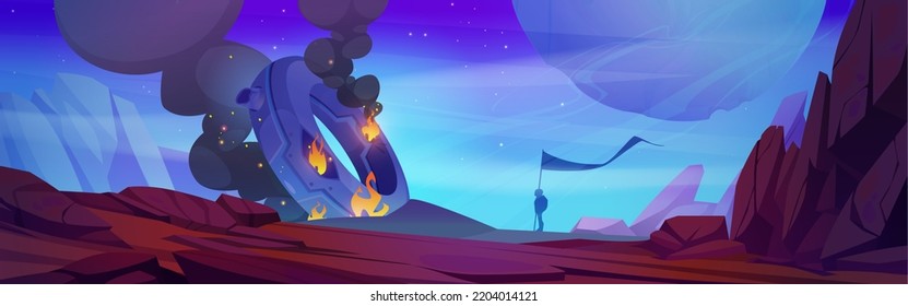 Ufo spaceship crash on alien planet. Futuristic space landscape with broken metal shuttle in fire after wreck and silhouette of man with flag, vector cartoon illustration