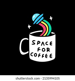 UFO spaceship and cup of coffee , illustration for t-shirt, street wear, sticker, or apparel merchandise. With retro, and cartoon style.